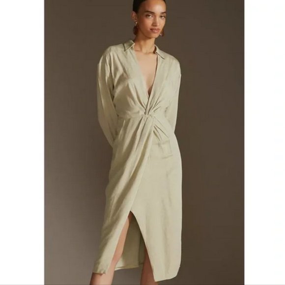 Anthropologie 4 NWT V-Neck Knot Front Midi Dress Sage Green Linen Blend - Picture 12 of 12
